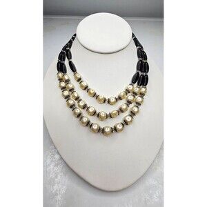 Vintage Triple Strand Pearl and Black Beaded Choker Necklace 14"